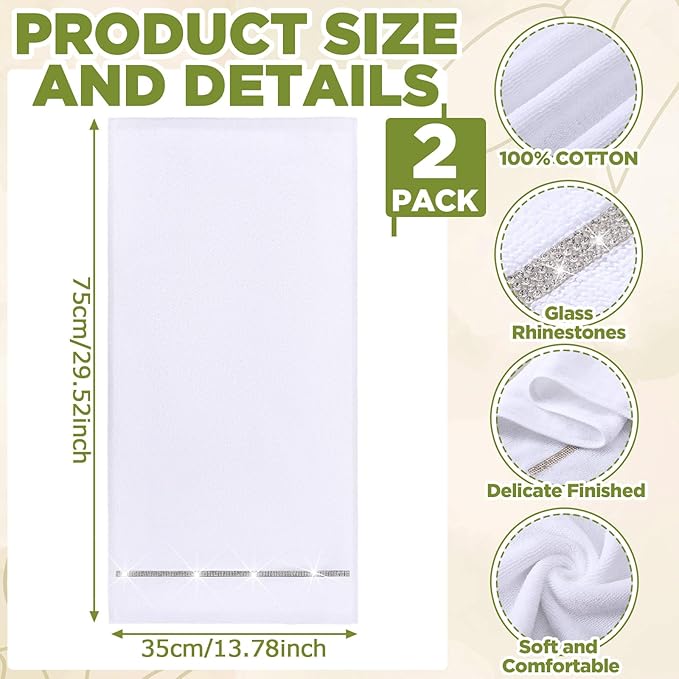 2 Pcs White Sparkling Hand Towels with Rhinestones for Bathroom 100% Cotton Glitter Soft Elegant Hand Bath Towels Absorbent Machine Washable for Spa Yoga Hotel Sport, 29.5" x 13.8"