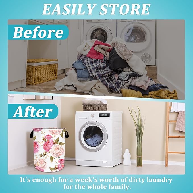 Abstract Pink Rose Laundry Basket, Floral Laundry Hamper Foldable Waterproof Funny Tote Bag Dirty Clothes Storage Bucket Toy Organizer for Bathroom/Laundry/Bedroom 15.7"x19.6"