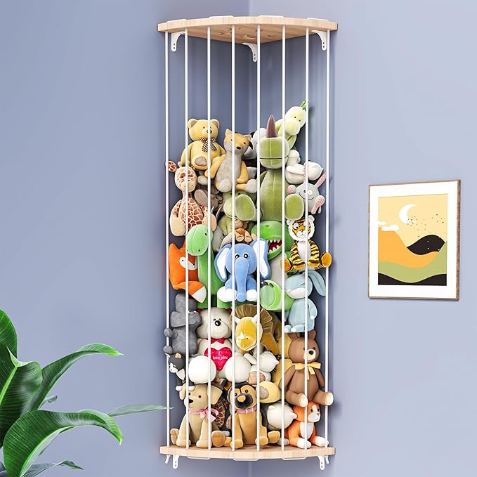 Stuffed Animal Storage Toy Storage Organizer, Wooden Corner Hammock Shelf for Stuffed Animal Hammock Corner, Nursery, Playroom, Bedroom. Versatile Toy Organizer with Zoo Pattern