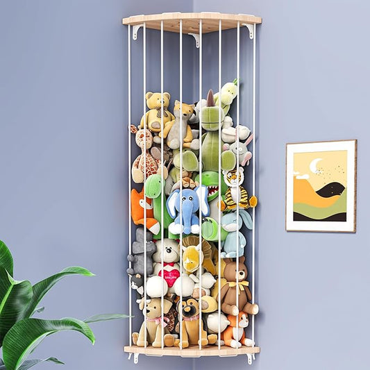 Stuffed Animal Storage Toy Storage Organizer, Wooden Corner Hammock Shelf for Stuffed Animal Hammock Corner, Nursery, Playroom, Bedroom. Versatile Toy Organizer with Zoo Pattern