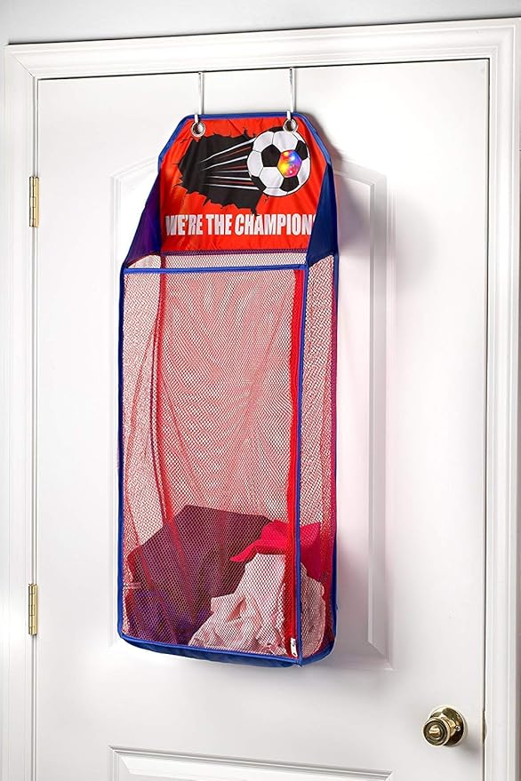 Store & Score Over The Door Hanging Kids Fun LED Basketball Light-Up Collapsible Mesh Laundry Hamper Basket, Toy Chest, Heavy Duty Metal Hooks Included. Patent Pending