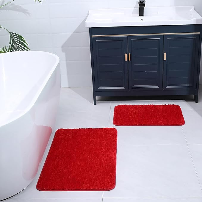 2 Piece Bathroom Rugs and Mats Sets, Soft Bath Mats for Bathroom with Non-Slip Backing, Machine Washable Microfiber Absorbent Bath Rugs (16''x24'' Plus 20''x32'',Red)...