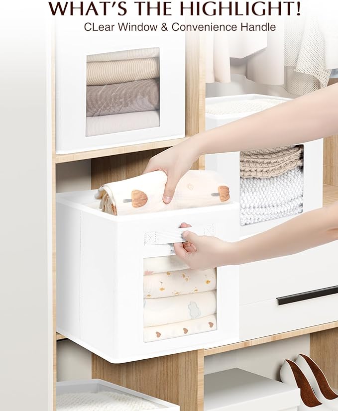 Storage Cube 11 Inch - Cube Storage Bins with Window, Closet Storage Baskets with Handle, Fabric Bins for Closet, Shelves, Toys, Clothes, Set of 8, White