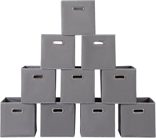 Fabric storage bins Cubes, Fabric Cube Organizer with Handle, Foldable Cube Bins for Cloth or Accessary Storage, 11x11x11, Set of 10, (Gray)