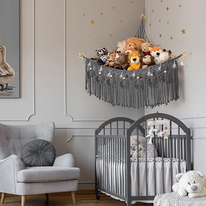 ANROYE Macrame Stuffed Animal Hammock with Star Light, Bear Storage Net for Girls Room Decor, Corner Hanging Mesh Organizer Idea for Nursery, Plushies Toy Wall Hanging Display Holder Kid Boy Gift