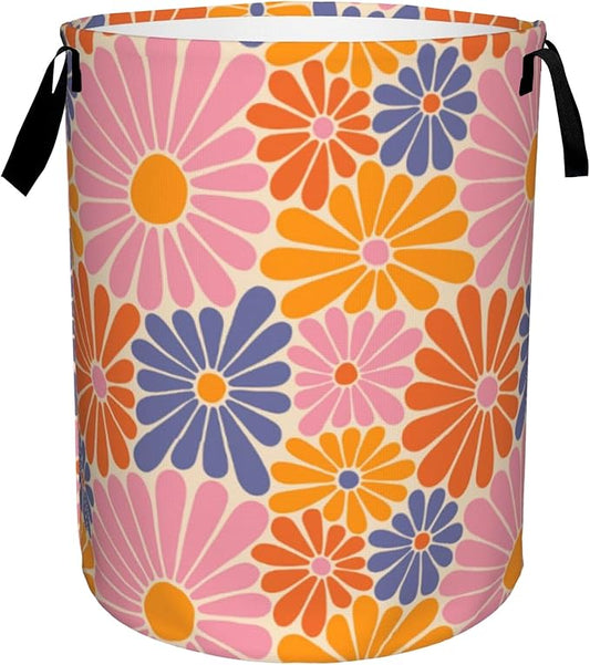 Groovy Daisy Flowers Collapsible Laundry Basket,70s Hippie Retro Bedroom Waterproof Laundry Hamper,Bathroom Large Storage Bag,College Dormitory Living Room Nursery Organizer Toy Bin 16" x 20"