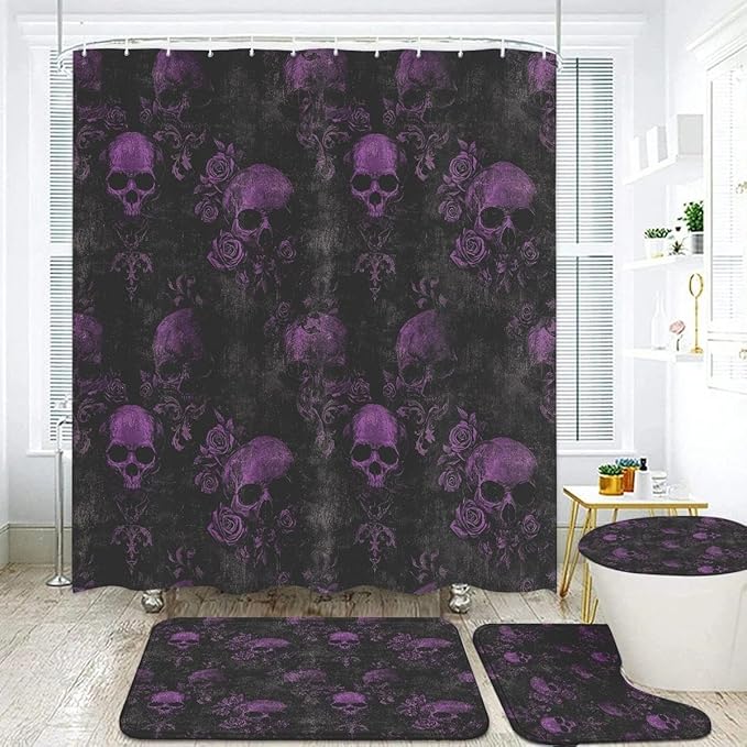 Gothic Skull Bathroom Set, 4-Piece with Shower Curtain 71x71, Bath Mat, Contour Rug, Toilet Lid Cover, Purple Roses Skull Pattern(Purple 1)