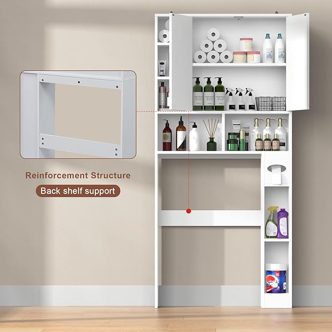 Winkalon Over The Toilet Storage Cabinet with 2 Barn Doors and Adjustable Shelves, Freestanding Toilet Shelf Organizer with Toilet Paper Holder, Space Saver for Bathroom, Restroom, Laundry