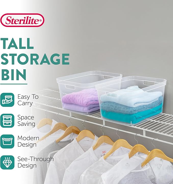 Sterilite 8.25x12.25x15 Inch Modern Polished Storage Bin w/Comfortable Carry Through Handles & Banded Rim for Household Organization, Clear (12 Pack)