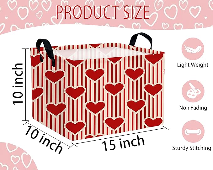 Large Valentine's Day Basket Heart Shaped Storage Bin for Gifts Collapsible Organizer Room Decor (Vertical Bar Red Love)
