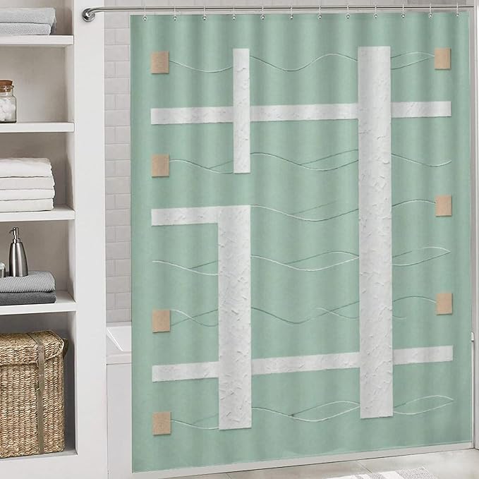 4 Piece Bathroom Rug Set with Shower Curtain, Non-Slip Bath Mat Toilet Cover Set, Geometric Lines Bathroom Rug Sets