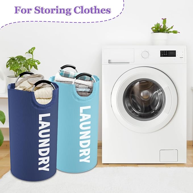 2Pcs Foldable Laundry Basket with Handles, 95L Large Clothes Hampers for Men, Tall Laundry Bin Stand Up Well, Portable Storage Basket for Family, Flat, Blue + Navy Blue