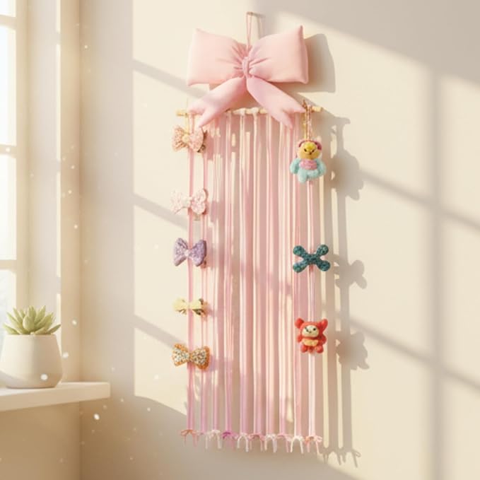 Long Bow Holder for Girls Baby Pink Bow Hair Bows Clip Organizer 31.5 Inch Baby Hair Accessories Storage Display Hanging Decor for Girls Nursery Room Bedroom Living Room
