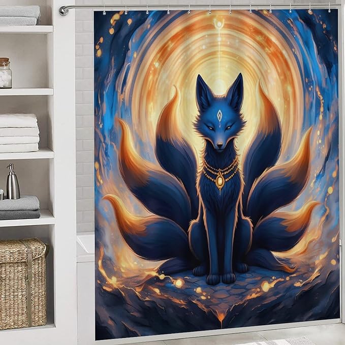4 Piece Mythical Creature Kitsune Fox Shower Curtain + Bath Mats Set, Waterproof Contemporary Bath Room Curtains Absorbent Plush Carpet Mats