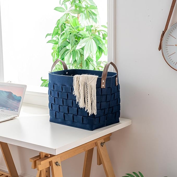 BOLDMONKEY Blankets Baskets 15" x13 " x11 " 2 Pack, Large Rectangular Toys Baskets with Leather Handle, Soft Baby Nursery Basket for Storage-Navy Blue