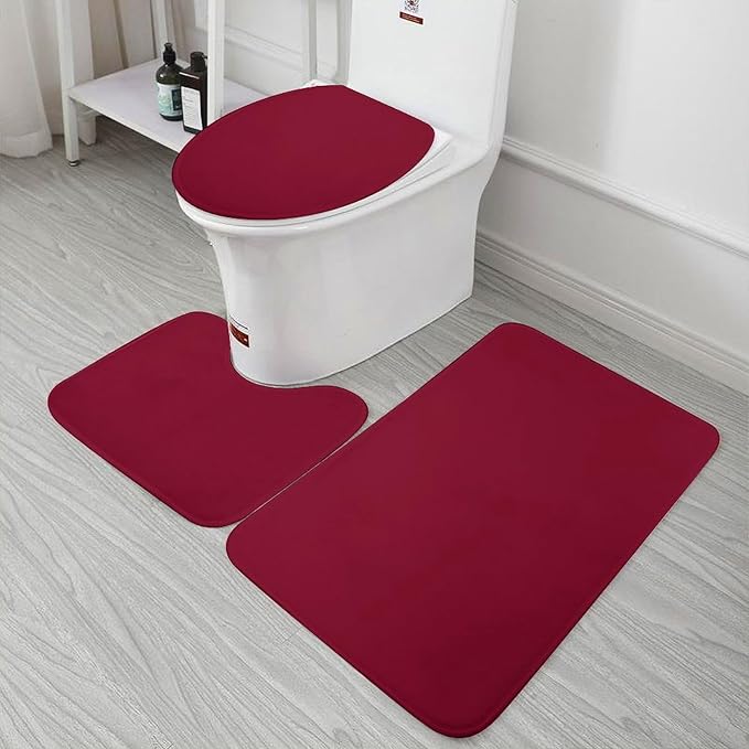 3 Pieces Bath Rug Sets, Solid Burgundy Red Bathroom Mat Set Non Slip U Shaped Contour Rug & Toilet Lid Cover