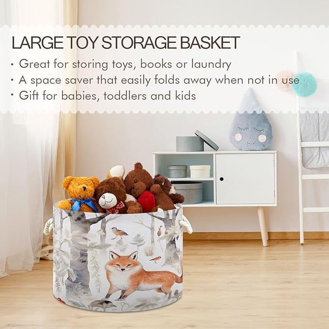 Blanket Storage Basket for Living Room - Cute Forest Fox Large 20"x20"x14" Cotton Rope Handles Laundry Basket, Foldable for Toy Storage, Blanket Basket