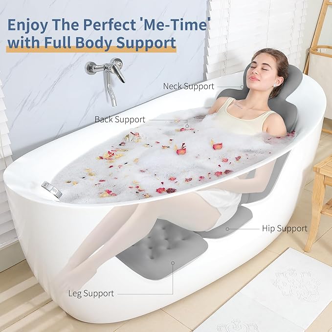Bath Cushion, Full Body Bathtub Pillow with 160 Suction Cups, Bath Mat for Head and Neck Support, with Laundry Bag (Dark Gray, 51" x 16")