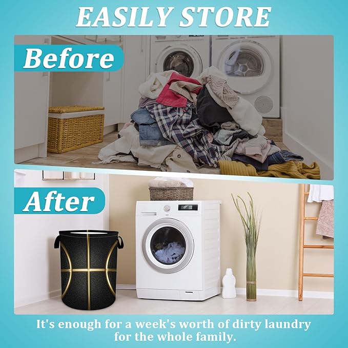Black and Gold Basketball Laundry Basket, Foldable Waterproof Oxford Cloth Laundry Hamper Funny Tote Bag Dirty Clothes Storage Bucket Toy Organizer for Bathroom/Laundry/Bedroom 15.7"x19.6"