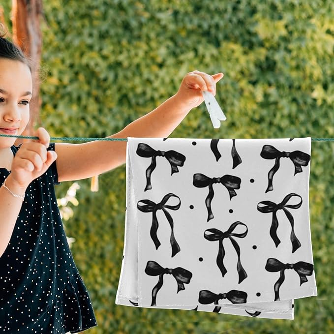 2 Pcs Black and White Bows Hand Towels for Bathroom,Soft Absorbent Cute Black Girly Bow Aesthetic Decorative Dish Towels for Kitchen,Quick Dry Guest Bathroom Towels for Face,Shower 14"x28"