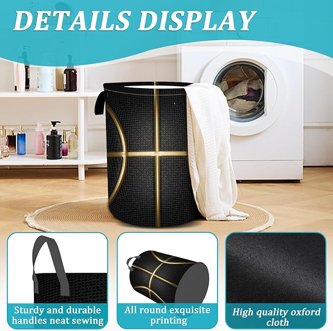 Black and Gold Basketball Laundry Basket, Foldable Waterproof Oxford Cloth Laundry Hamper Funny Tote Bag Dirty Clothes Storage Bucket Toy Organizer for Bathroom/Laundry/Bedroom 15.7"x19.6"