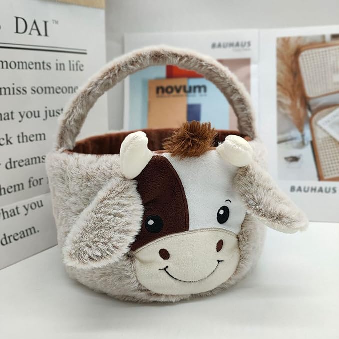 Easter Basket, Soft Cow Plush Baskets, Easter Egg Hunt Buckets, Easter Decorations Indoor Outdoor, Cute Easter Gifts for Kids, Adults, Teens, Toddlers, Girls