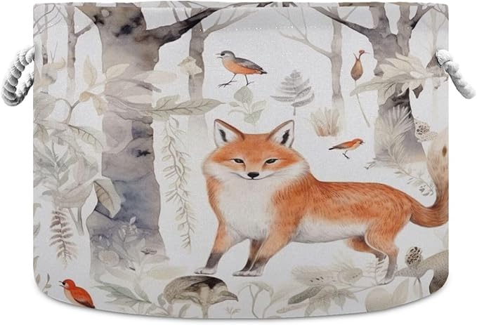 Blanket Storage Basket for Living Room - Cute Forest Fox Large 20"x20"x14" Cotton Rope Handles Laundry Basket, Foldable for Toy Storage, Blanket Basket