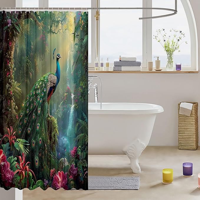 Green Peacock Shower Curtain,Floral Tropical Plant Natural Bathroom Curtain Kids Boys Girls Bathroom Decor,Colorful Luxury Bath Curtain,Wild Animal Feather Waterproof Curtain,12 Hooks,72"Wx78"L