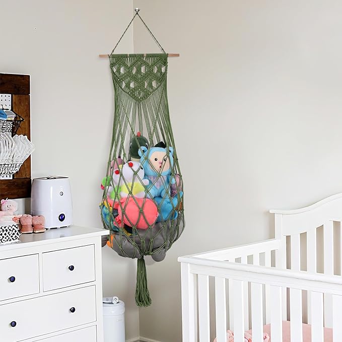 Stuffed Animal Storage, 63'' Jumbo Stuffed Animal Hammock Corner Wall Ceiling Over Door Hanging Toy Hammock Organizer, Avocado Green Toy Net w/ Boho Tassels Star Light for Nursery Boys Girls