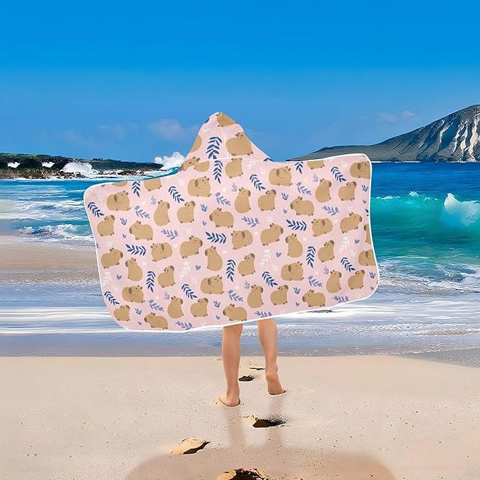 Pink Cute Capybara Hooded Beach Towel for Kids, Kids Bath Hooded Towels for Boys Girls, Super Soft Absorbent Bathrobe with Hood for Swin Pool 50"x23.5"