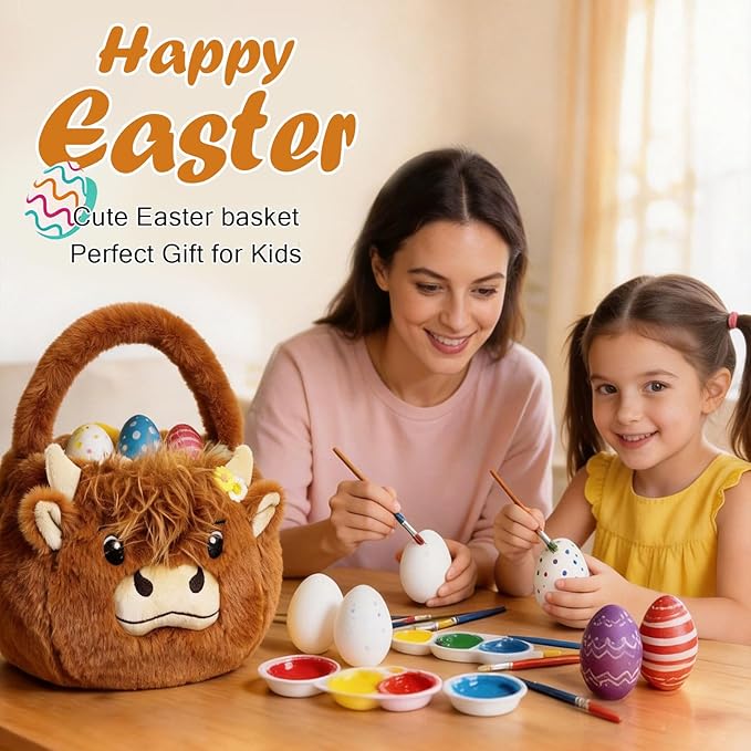 2026 Highland Cow Plush Baskets Easter Basket, Easter Egg Hunt Buckets, Easter Decorations Indoor Outdoor, Cute Easter Gifts for Kids, Adults, Teens, Toddlers, Girls