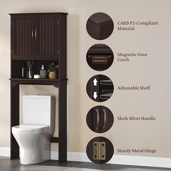 Topeakmart Over The Toilet Storage Cabinet Bathroom Organizer with Adjustable Shelf & Double Doors for Toilet, Home Space-Saving Furniture, L24.5xW9xH66 Inches, Espresso