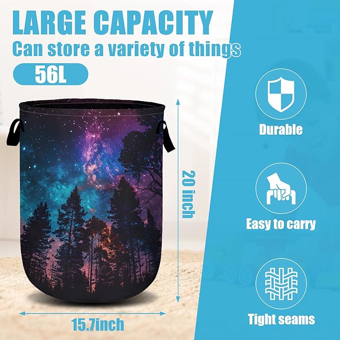 Purple Galaxy Forest Laundry Basket, Laundry Hamper Collapsible Oxford Cloth with Handle Clothes Toy Storage Bin for Bathroom Laundry Room Bedroom 15.7 X 20 Inch