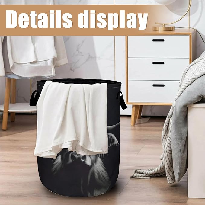 Highland Cow Laundry Basket, Foldable Waterproof Black Laundry Hamper Tote Bag Dirty Clothes Storage Bucket Toy Organizer for Bathroom/Laundry/Bedroom 15.7"x19.6"Highland Cow