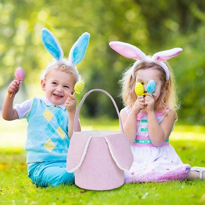 Easter Bunny Basket, Cute Easter Bucket Bags with Rabbit Ears for Easter Eggs Hunting, Plush Easter Bunny Basket, Easter Tote Bags for Candy Storage Decorations (Pink)
