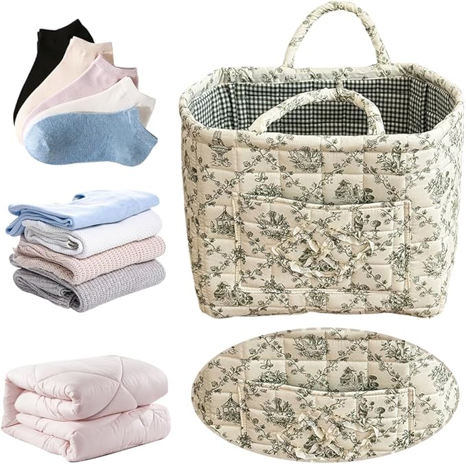 JQWYGB Foldable Laundry Basket Boho Bear Storage Basket Floral Quilted Fabric Car Storage Basket Handles Large Laundry Baskets for Clothes and Dolls