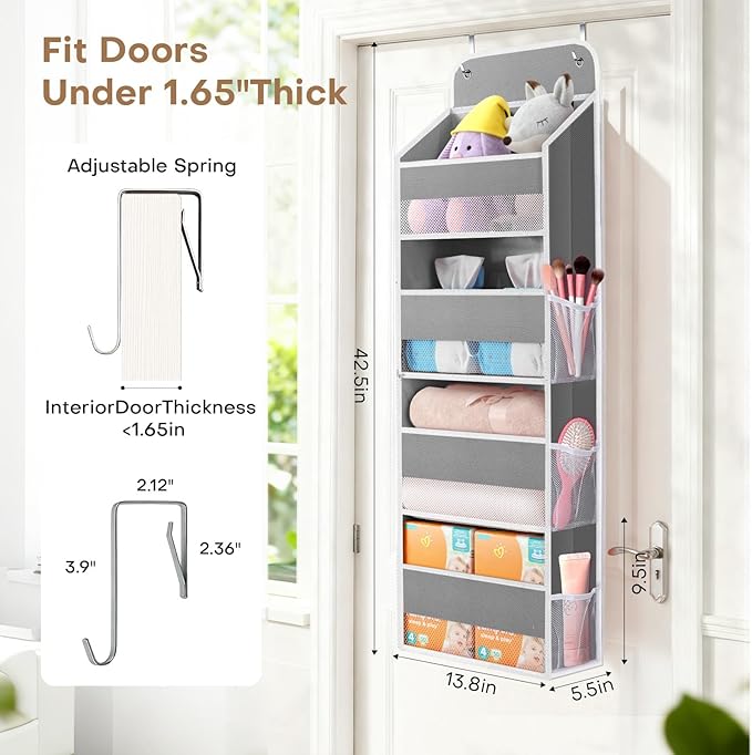 SpaceWhisper Over the Door Organizer, 4 Large Pocket Hanging Storage Organizer with 40lb Capacity, Space Saving for Nursery, Bathroom, Bedroom, Closet - Baby Essentials & Toiletry Organizer (Grey)