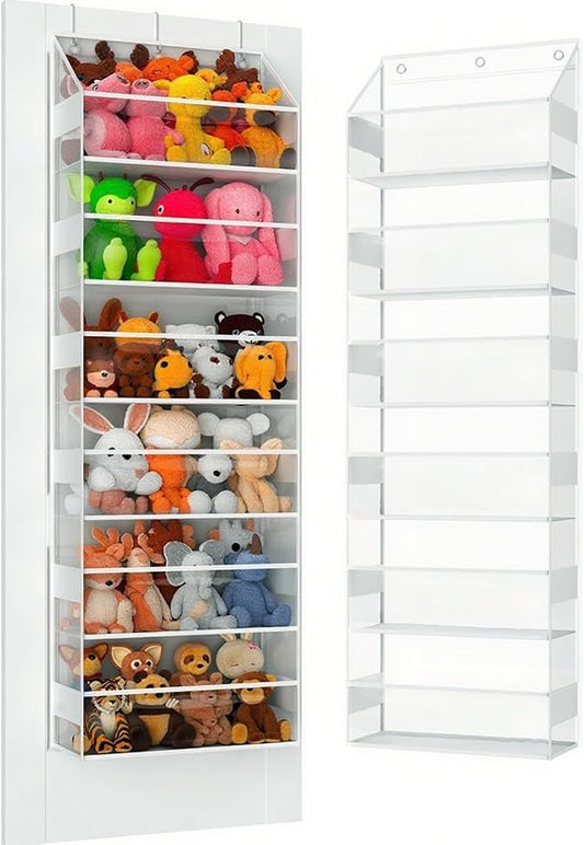 Over the Door Organizes- 6 Tier Stuffed Animal Storage, Bathroom Organizers and Storage, Swing-proof Hanging Organizer for Toys/Nursery Newborn Baby Essential Stuff (Clear)