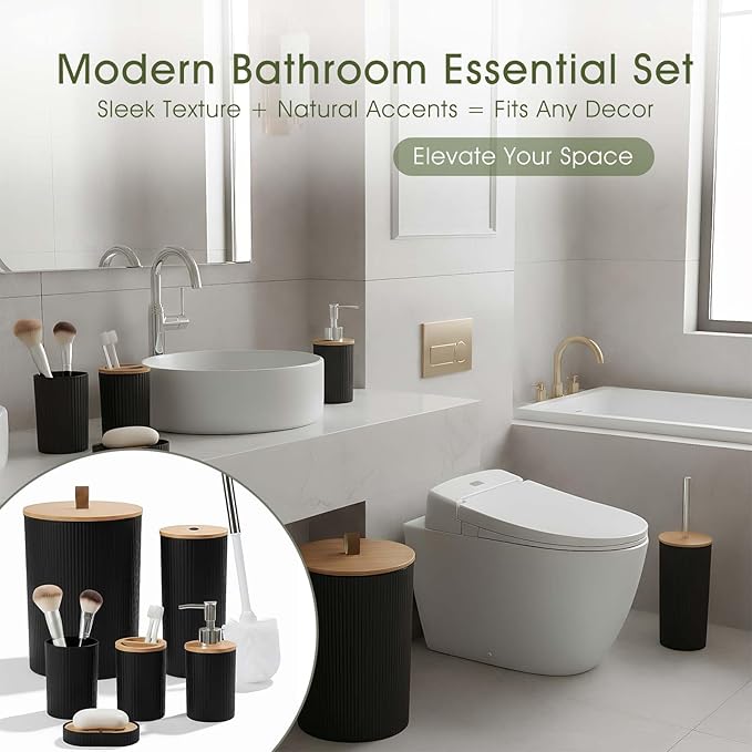 6-Piece Bathroom Set – Includes Toilet Brush,Trash Can & Soap Dispenser,Creating a Tidy and Coordinated Bathroom Space in One Stop，Round-Black