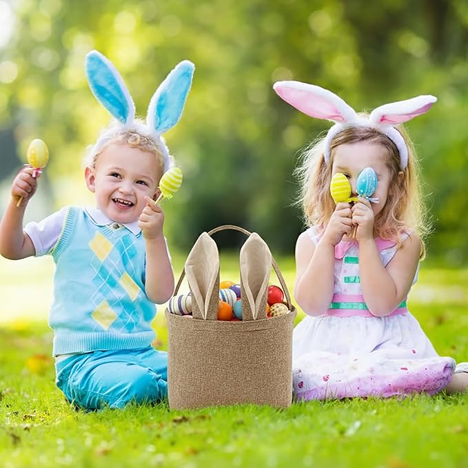 Easter Bunny Basket for Kids,Cute Easter Bucket Bags with Rabbit Ears for Easter Eggs Hunting,Easter Decorations,Candy Gifts Storage (Linen)