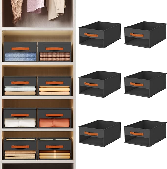 Closet Organizers and Storage - 6 Pack Storage Bins Baskets for Organization Foldable Closet Organizer with Clear Window & Handles for Clothes, Toys, Towels, Small Essentials (Black)