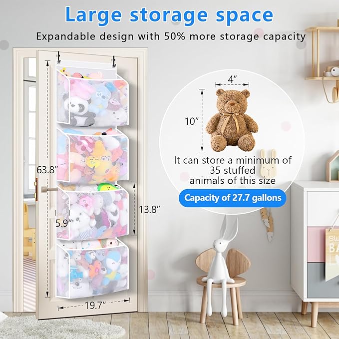 Toread Over the Door Stuffed Animal Organizer (2-pack) Innovative patented design Adjustable hooks, 3D over door stuffed animal storage, 50% more capacity, ideal for plush organizers.