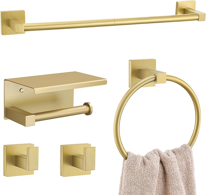 5-Piece Bathroom Hardware Set Brushed Gold Bathroom Hardware Accessories Set Upgraded Toilet Paper Holder with Shelf Towel Holder Set for Bathroom Stainless Steel Wall Mounted