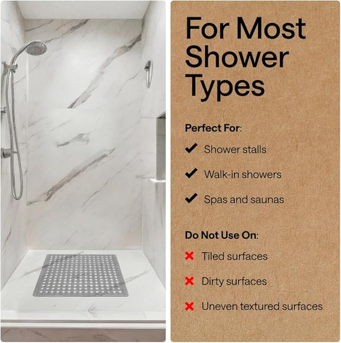 GORILLA GRIP Patented Square Shower Stall Mat, Small Bathtub Floor Mats for Stand Up Showers, Suction Cups and Drainage Holes, Machine Wash, Soft on Feet, Bathroom Accessories 21x21 Inch, Gray Opaque