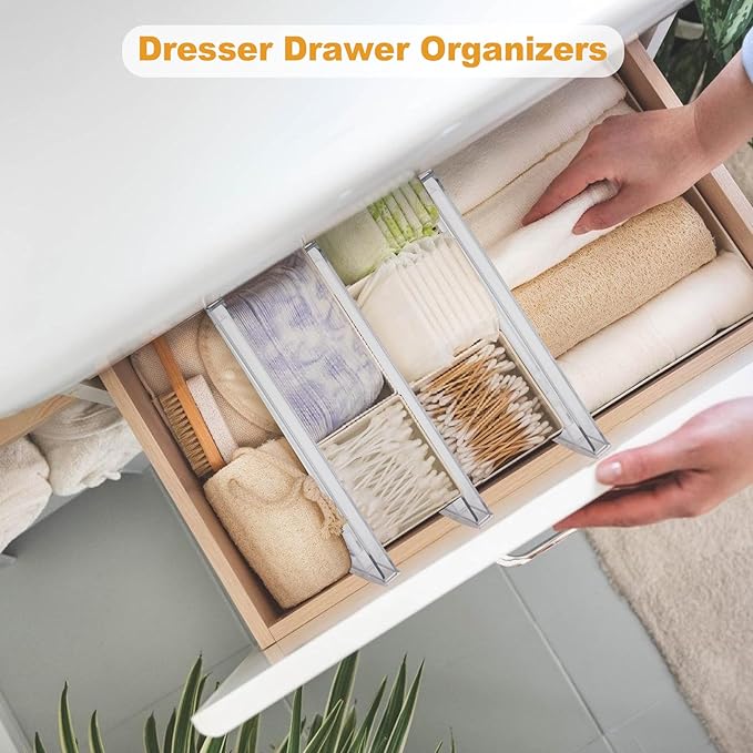8 Pack 4" High Drawer Dividers for Clothes, 10.6"-16.9" Expandable Drawer Divider Adjustable Drawer Separator, Clear Dresser Drawer Organizer for Clothes, Underwear, Cosmetic, Kitchen Utensils Storage