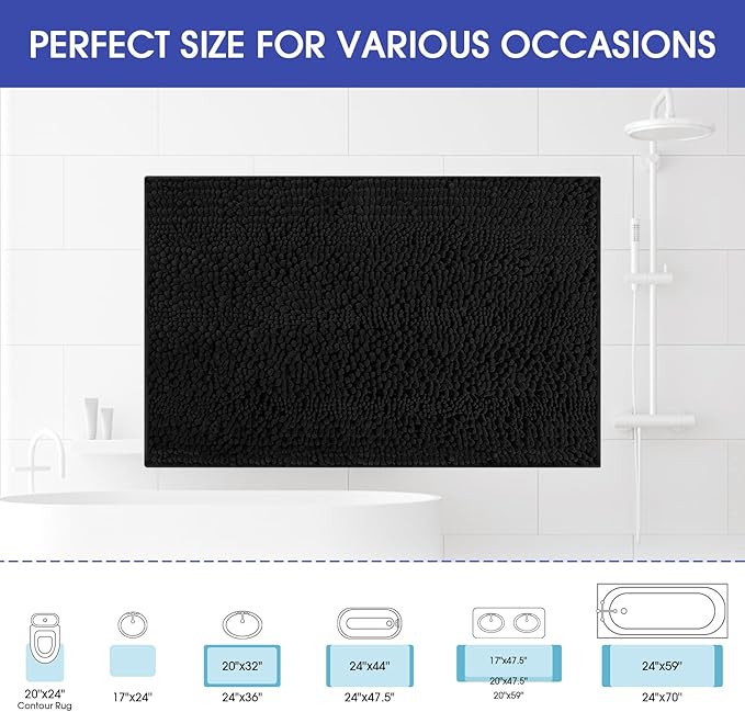 ACCUMTEK Striped Black Bathroom Rug Mat 32"x20" Ultra Soft, Non Slip Chenille Bath Rugs, Absorbent Plush Shaggy Bath Mats for Bathroom, Bedroom, Kitchen, Shower, Tub