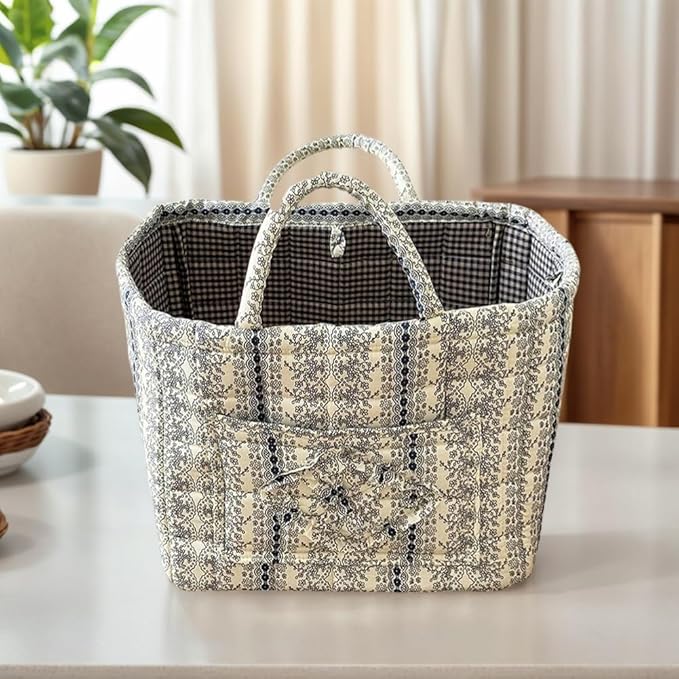 JQWYGB Foldable Laundry Basket Boho Bear Storage Basket Floral Quilted Fabric Car Storage Basket Handles Large Laundry Baskets for Clothes and Dolls