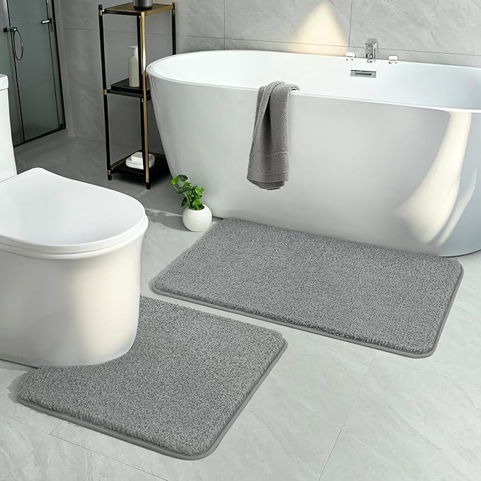 HOMORE Bathroom Rug Set 2 Piece,Soft Absorbent Bath Mats Set,Machine Washable Gray Bath Rug Sets for Bathroom Non Slip,(21"x34"+21"x21") Plush Shaggy U Shape Contour Toilet