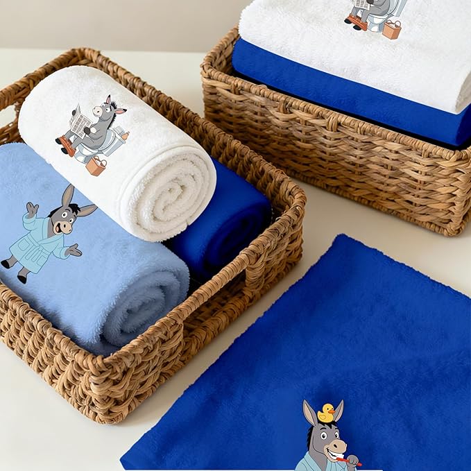 4 Pcs Funny Donkey Hand Towels Embroidered - 29" x 13.3" Soft Cotton Bathroom Towel Set, Funny Farmhouse Decor with Donkey, Light Blue Hand Towels for Kitchen Cute Bathroom Decor Housewarming Gift