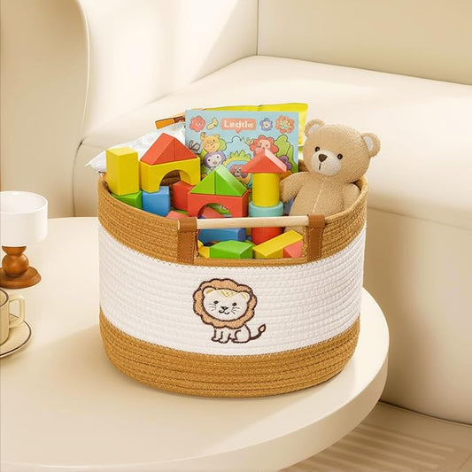 Cotton Rope Baskets for Kids Stuffed Toys Storage for Babies and Toddlers Nursery, Baby Baskets for Gifts Empty, Woven Basket with Wooden Handles Blanket Towel Toy 0rganizer Boys Room Storage Bins